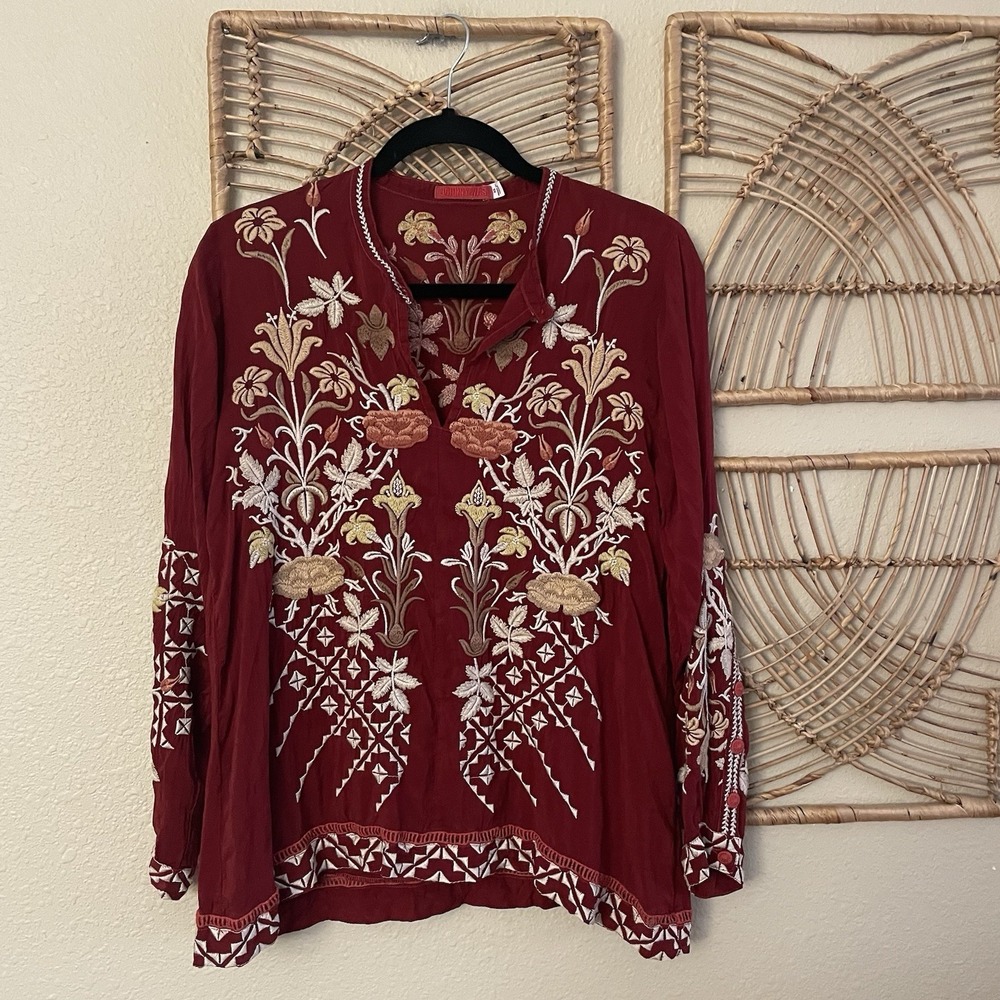 Johnny Was Wine Red Floral Embroidered V-Neck Blouse - Picture 4 of 13